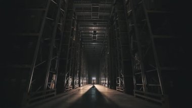 Fabrikada sabah bir adam depodan geçerken ışığı yanıyor. Fabrika deposunun ışıklarını açmak.