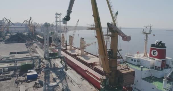 Sorvolando un grande porto industriale. Porti industriali internazionali, gru e navi da carico — Video Stock