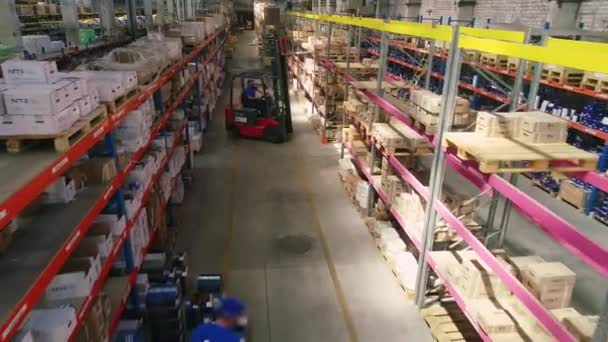 Depoda forklift, depoda işçiler. Depoda insanlar çalışıyor.. — Stok video