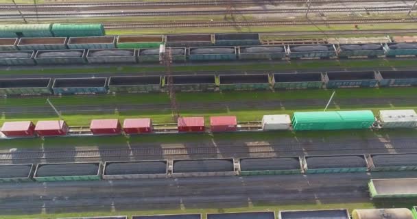 Bovenaanzicht van goederentreinen bij het spoorwegdepot. Goederentreinen bij het depot uitzicht vanaf de drone — Stockvideo