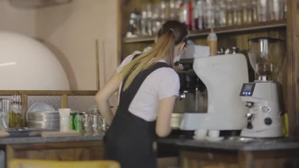 Barista robi kawę w kawiarni, stylowa kawiarnia, przepływ pracy w kawiarni — Wideo stockowe