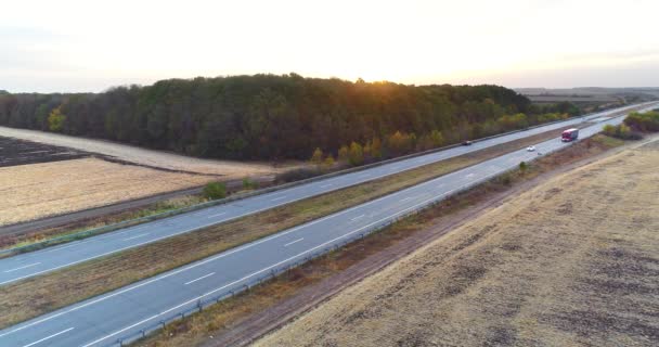 Ciężarówka z czerwoną kabiną jedzie wzdłuż drogi. Ciężarówka z czerwoną kabiną i niebieską przyczepą jeździ po drodze wśród pól — Wideo stockowe