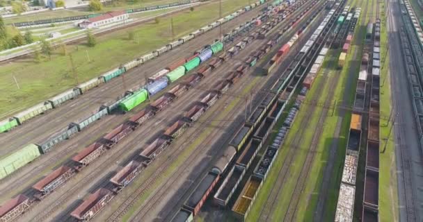 Vliegen over goederentreinen. Spoorwegtreinen bovenaanzicht. Industriële spoorwegkruising bij zonnig weer — Stockvideo