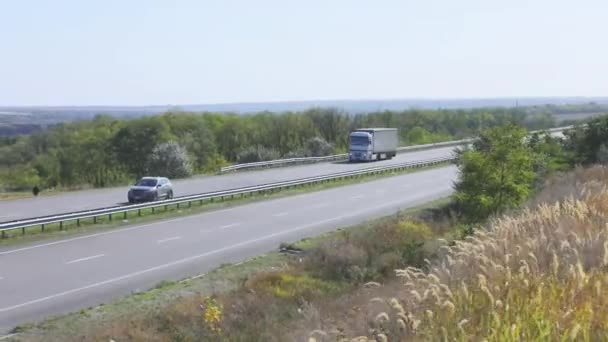 トラックが高速道路を走っている。トラックは畑や木の周りの高速道路を走行します — ストック動画