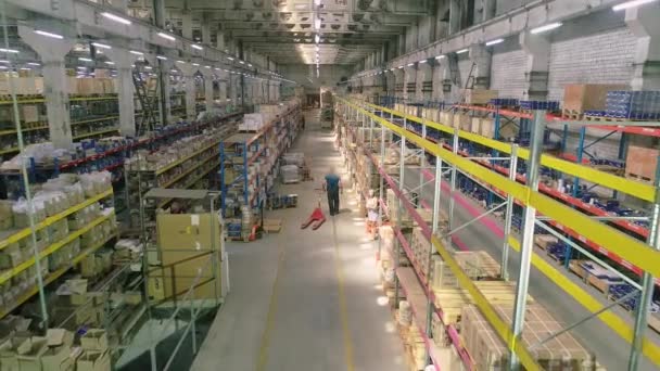 Grande armazém com caixas de papelão, um moderno armazém com caixas. Grande armazém moderno com mercadorias nas prateleiras — Vídeo de Stock