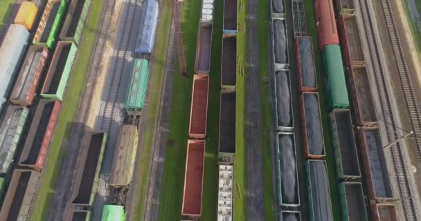 Volando sobre trenes de carga. Tren trenes vista superior. Puente ferroviario industrial en tiempo soleado — Vídeo de stock