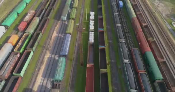 Vasúti csomópont sok sínnel felülnézetből. Színes vonatok állnak egy nagy vasúti depóban — Stock videók