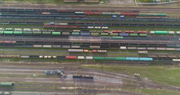 Die Züge stehen auf dem Betriebshof am Bahnknoten. Viele farbige Züge. Großes Industrieeisenbahndepot. — Stockvideo