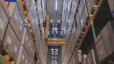 Forklift depodaki kutuları, büyük sanayi deposunu, depodaki makineleri yeniden düzenliyor.