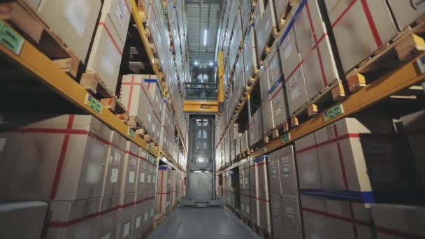 Modern forklift in a factory warehouse timelapse, work in a warehouse — Αρχείο Βίντεο