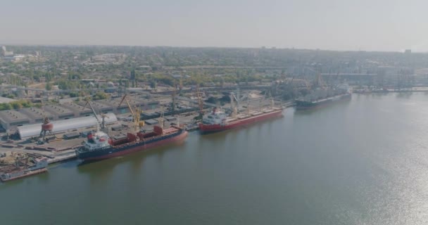 Buque de carga seca en el puerto. Grúa portuaria carga carga en un buque de carga seca — Vídeo de stock