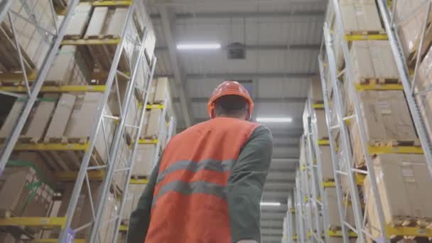 Um homem em um armazém arrasta uma carroça, Homem de uniforme e capacete caminha no armazém. — Vídeo de Stock