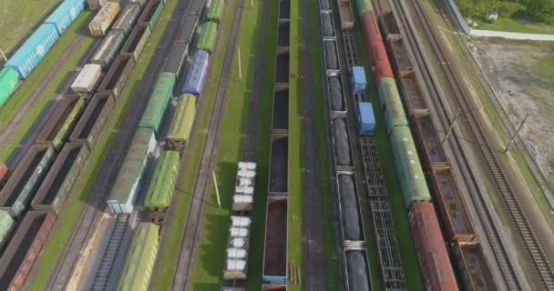 Freight trains stand at the railway junction top view. Fly over a large railway junction. — Stock Video