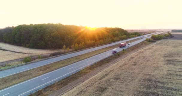 Ciężarówka odjeżdża prosto w stronę zachodzącego słońca. Ciężarówka jedzie wzdłuż drogi między polami o zachodzie słońca — Wideo stockowe