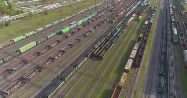 Vlieg over een groot spoorwegknooppunt. Goederentreinen staan bij het bovenaanzicht van de spoorwegkruising — Stockvideo