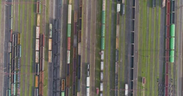 Ik vlieg over treinen in het depot. Bovenaanzicht van goederentreinen op een spoorwegknooppunt. grote spoorwegovergang met goederentreinen bovenaanzicht. — Stockvideo