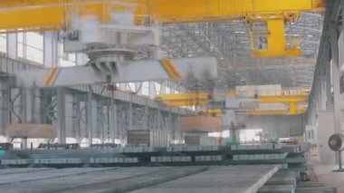 Zaman turu bitkisindeki bir vinç işi. Metal üretim fabrikasında çalışma süreci. Turnanın zaman turundaki çalışması bitki eker. Modern bir fabrikada bir vinç..