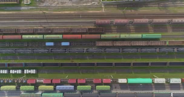 Vlucht over het spoorwegdepot. Vrachttreinen bij het depot. Groot industrieel spoorwegdepot bovenaanzicht. — Stockvideo