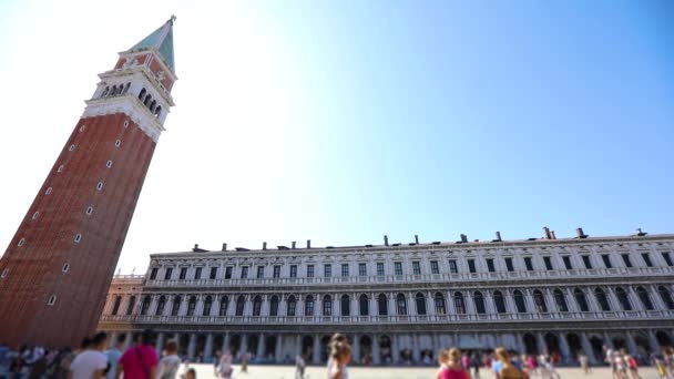 Campanile en Piazza San Marco, Piazza San Marco, Venecia, Italia. Turistas en la Plaza San Marco de Venecia — Vídeos de Stock