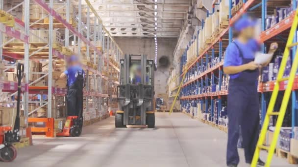 La gente trabaja en un almacén. Trabajo activo en el almacén. Flujo de trabajo del almacén — Vídeo de stock