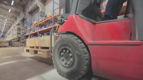 Sebuah forklift membawa kotak kayu. Sebuah forklift dengan kargo naik melalui gudang — Stok Video