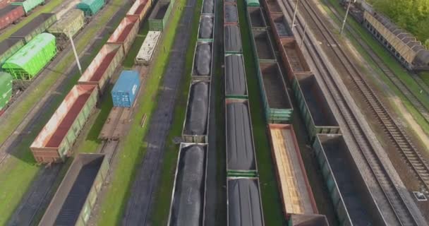 Színes vonatok állnak egy nagy vasúti állomáson. Nagy vonatraktár. Vasúti csomópont sok sínből felülnézetből. — Stock videók