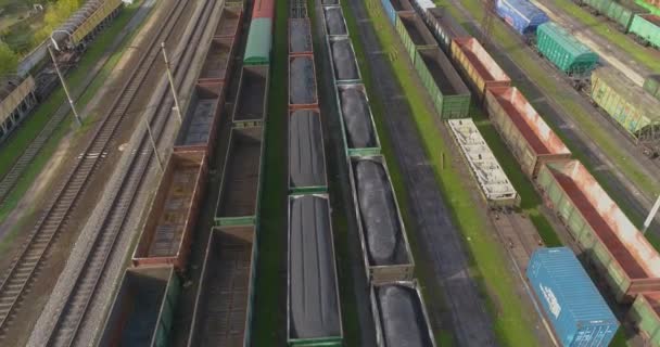 Vlieg over een groot spoorwegknooppunt. Goederentreinen staan bij het bovenaanzicht van de spoorwegkruising — Stockvideo