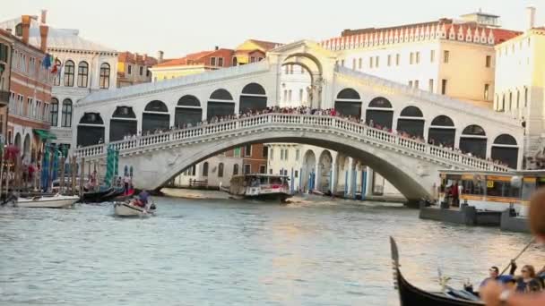 Puente de Rialto sobre el Gran Canal, barco bajo el Puente de Rialto Venezia, Italia. Canal veneciano, muchos barcos en el Gran Canal — Vídeo de stock