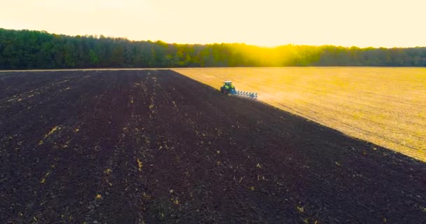 The tractor is plowing the field from the top. The tractor works in the field in the evening. View from the drone. Modern tractor plows the field — Stock Video