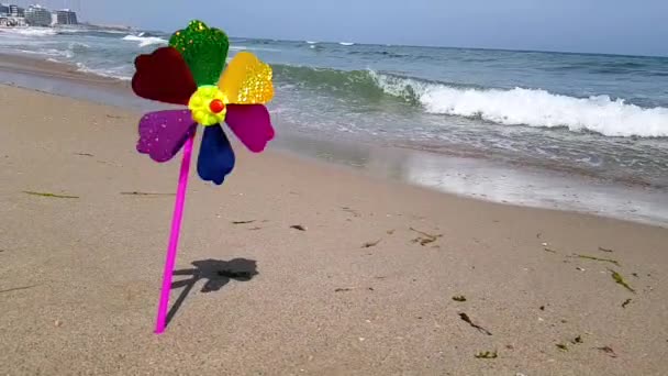 Un molino de viento para niños en el viento, un molino de viento para niños de color está girando desde el viento en la orilla del mar. Molino de viento para niños en el mar — Vídeo de stock