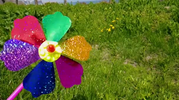Větrný mlýn pro děti na pozadí zelené trávy. Dětský barevný větrný mlýn — Stock video