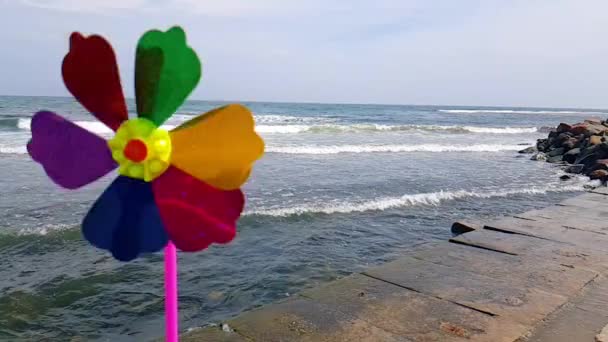 Molino de viento para niños en el mar. Molino de viento para niños. Un molino de viento colorido para niños está girando en la orilla del mar. — Vídeo de stock