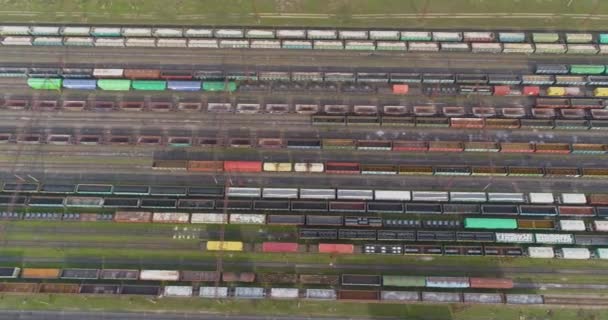 大きな鉄道の交差点を飛び越える。上から見ると貨物列車が立っている。 — ストック動画