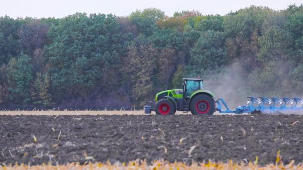 De tractor verwerkt het veld. Verwerking van het veld met een tractor. TTractorploegen landbouwgebied — Stockvideo