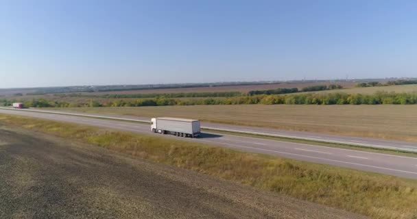 Um caminhão dirige ao longo de uma bela estrada entre campos vista superior. Um caminhão de carga está dirigindo ao longo da rodovia. Vista de um drone. — Vídeo de Stock