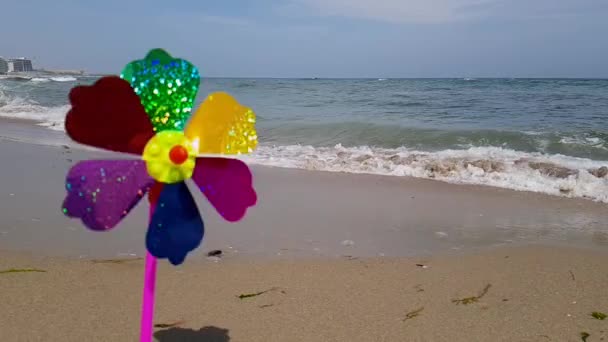 En barnväderkvarn i vinden, en färgad barnväderkvarn snurrar från vinden på stranden. Barnväderkvarn på havet — Stockvideo