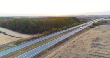 Kamyon yolda gidiyor, tarlalar arka planda. Malların kamyonla taşınması. Kamyon, tarımsal alanların ortasında yol boyunca gidiyor..