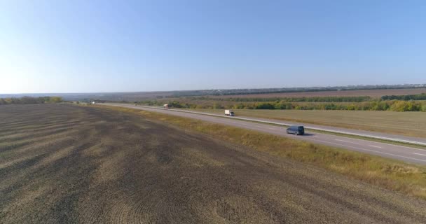 Er rijdt een vrachtwagen langs de snelweg. Zicht van een drone. De wagen rijdt langs een gebogen weg tussen de velden bovenaanzicht — Stockvideo