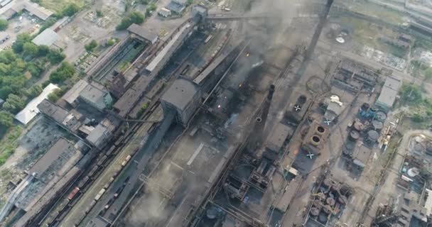 Industrial area top view, View of the industrial object, Courtyard of a factory, Aerial view, Smoke and fire, environmental pollution, environmental pollution, ecological disaster, panoramic view, 4K — Stock Video