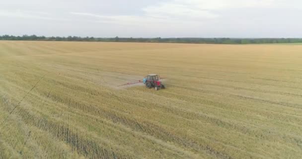 El tractor rocía los campos de trigo. Rocía un campo con vista al trigo desde un dron. Un tractor rocía trigo con herbicidas. — Vídeo de stock