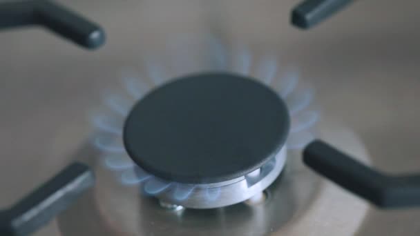 El quemador de gas se enciende. Encendiendo el fuego en la estufa. El fuego se enciende en la estufa de gas. Primer plano del quemador de gas. Estufa de gas — Vídeos de Stock