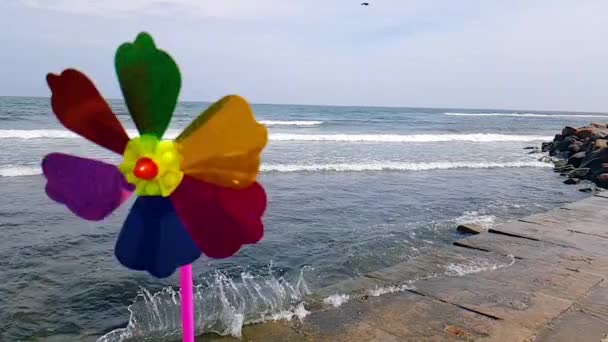 Um moinho de vento infantil ao vento, um moinho de vento colorido das crianças está girando do vento na praia. Moinho de vento infantil no mar — Vídeo de Stock