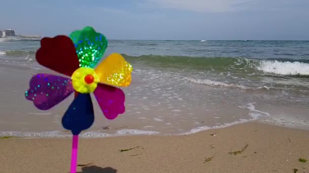 En färgad barnväderkvarn snurrar från vinden på stranden. Barnväderkvarn på havet. En barnväderkvarn i vinden — Stockvideo