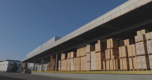 Entrepôt à l'usine, un grand entrepôt avec des boîtes à l'usine. Boîtes prêtes pour le chargement dans un camion — Video