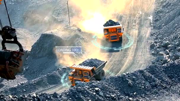 그래픽 요소가 있는 덤프 트럭. 쓰레기차 가 채석장을 통과하면 그 지역 이 스캔됩니다. 석탄 채광 산업의 현대 기술 — 비디오