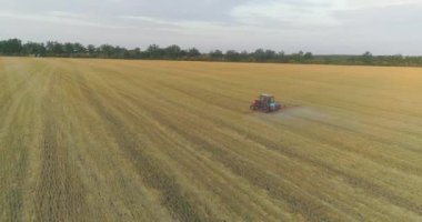 Bir traktör buğdaya ot ilacı püskürtür. Traktör buğday tarlalarını ilaçlıyor. İnsansız hava aracının buğday görüntüsüyle tarlayı ilaçlamak