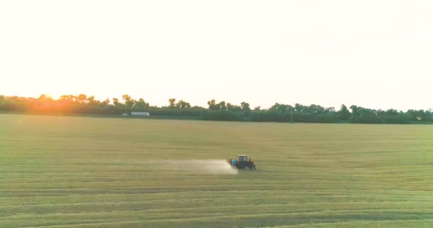 Распыление поля с видом на пшеницу с беспилотника. Трактор опрыскивает пшеницу гербицидами. Трактор распыляет пшеничные поля. — стоковое видео