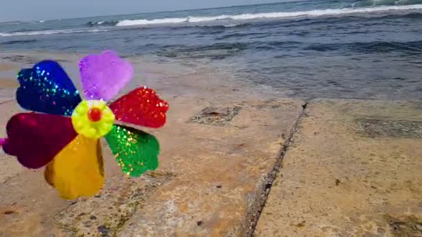 A colorful childrens windmill is spinning on the seashore. Childrens windmill at sea. Childrens windmill — Stock Video