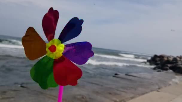 Um moinho de vento colorido infantil está girando na praia. Moinho de vento infantil no mar. Moinho de vento infantil — Vídeo de Stock