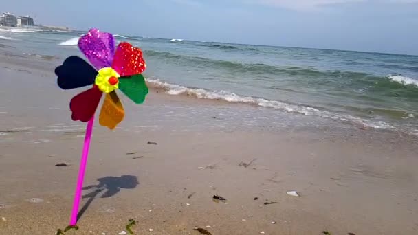 En barnväderkvarn i vinden, en färgad barnväderkvarn snurrar från vinden på stranden. Barnväderkvarn på havet — Stockvideo